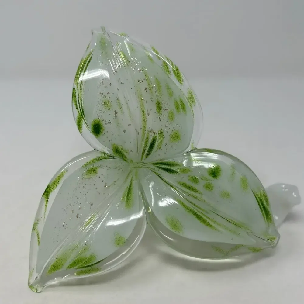 Hand Blown Glass Green Sparkled Three Petal Flower with Curled Stem